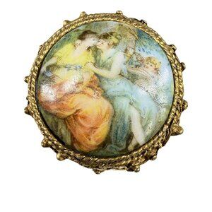 Vintage Victorian-Style Hand-Painted Porcelain Brooch With Gilded Filigree Frame